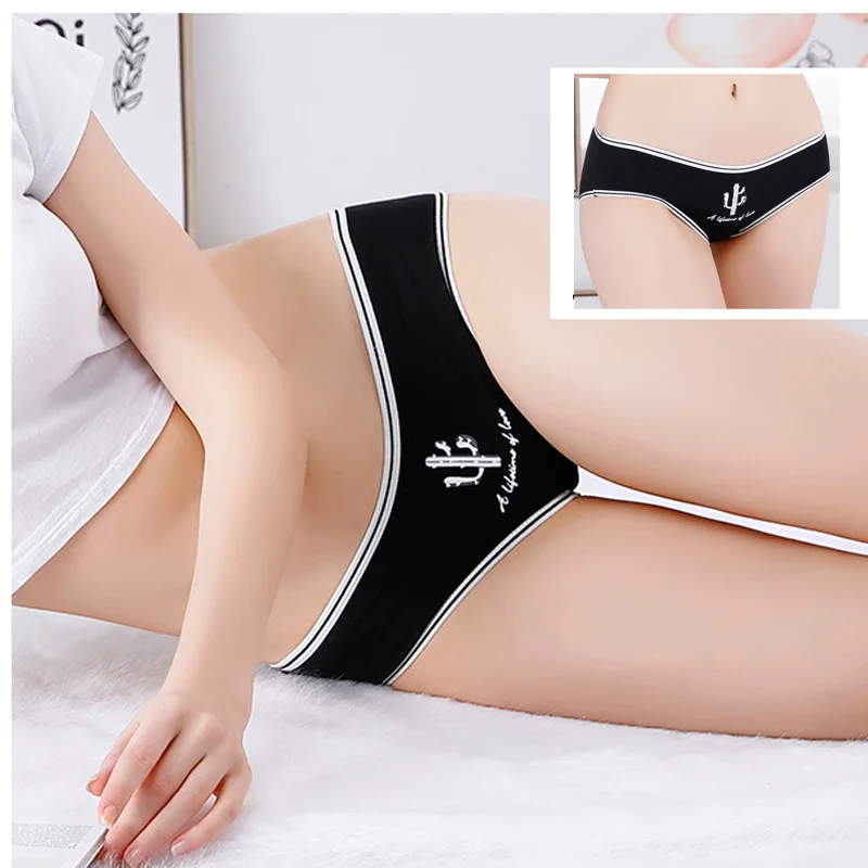 Женские трусики в полоску с принтом кактуса Нижнее белье Трусики для девушек