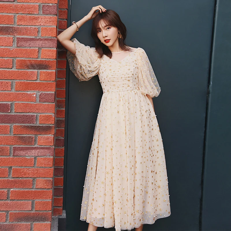 

YIGELILA Autumn New Arrivals Gold Dress Half Sleeves O-neck Sweet Dress Lantern Sleeves Mid-calf Birthday Party Dress 65362