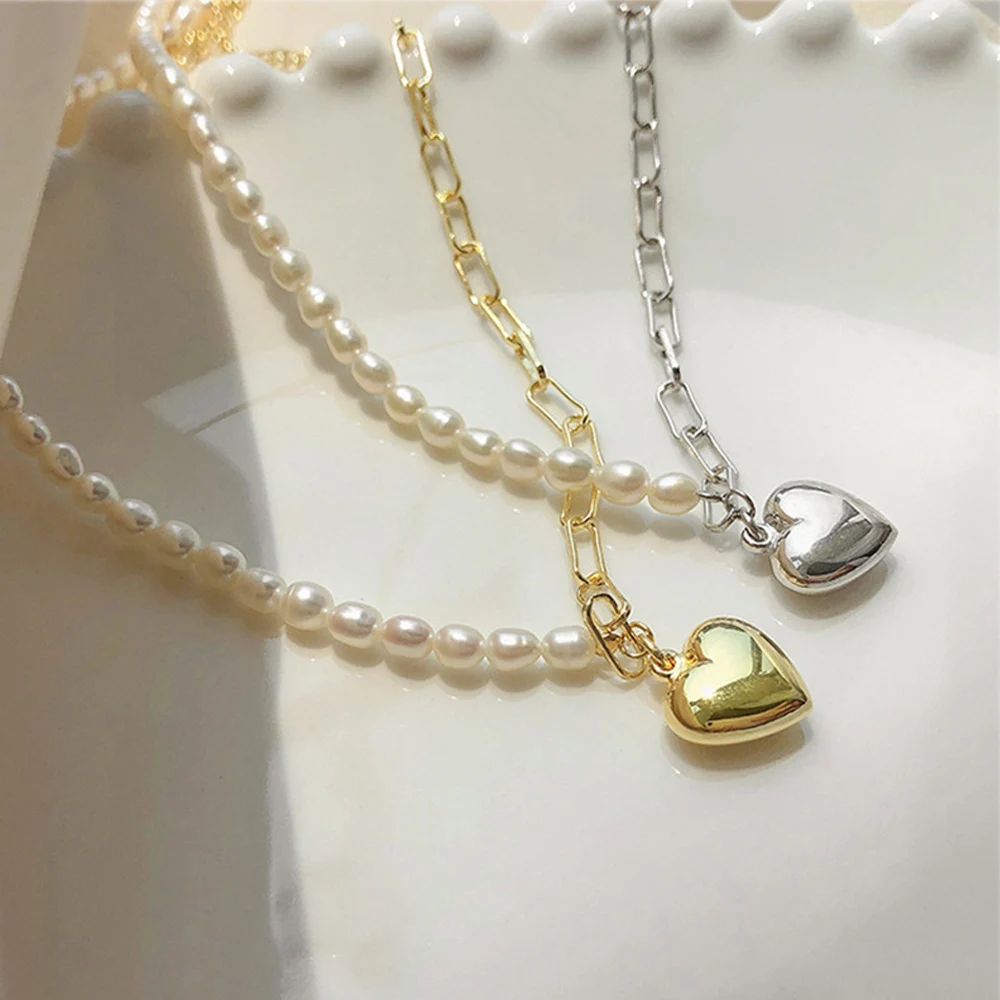 

New Silver Color Half Pearl Half Chain Love Pendant Necklace Female Temperament Simple Elegant Clavicle Chain