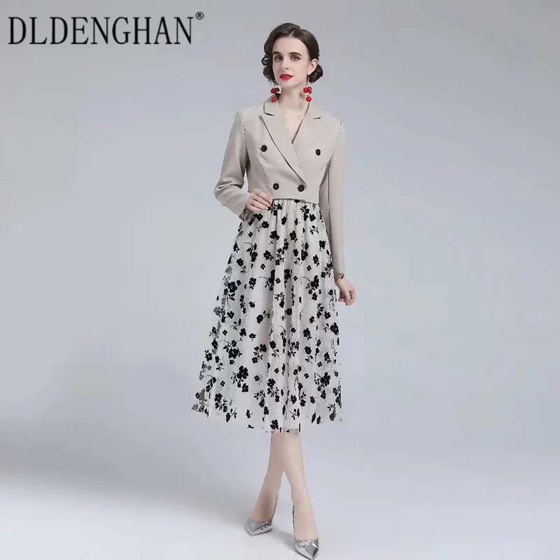 

Модный дизайнерский осенний костюм DLDENGHAN, женское короткое пальто с длинным рукавом + Сетчатое платье на бретелях-спагетти с цветочным прин...
