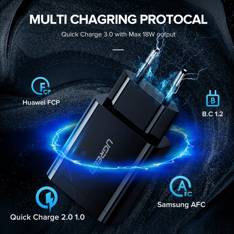 Ugreen Телефона Qualcomm Быстрая Зарядка 3.0 18 Вт Быстрое Зарядное Устройство USB(быстрая Зарядка 2.0 Совместимый) для Samsung Xiaomi 5 Huawei lg