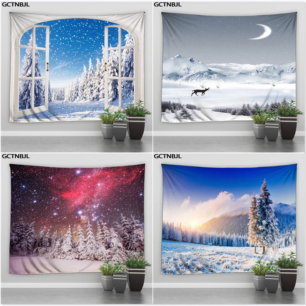 

Winter Landscape Tapestry Psychedelic Starry Sky Sunlight Forest Wall Hanging Big Tapestries Room Bedroom Background Art Blanket