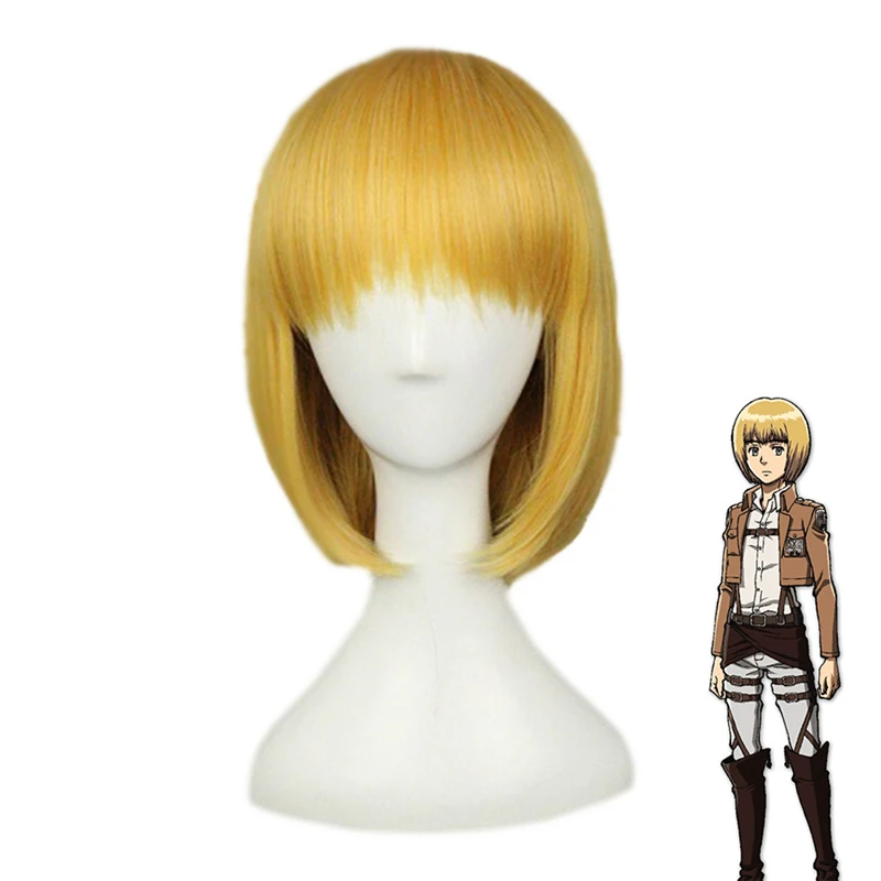 

Anime Attack On Titan Armin Arlert Short Silky Straight Boy's Shaggy Layered Yellow Bob Synthetic Cosplay Wig+ Wig Cap