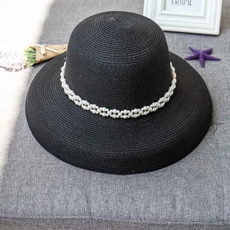 

Retro New Pearl Big Curved Eaves Straw Hat Women Travel Panama Sun Hat Summer Elegant Beach Sunhat Fashion Casual Lady Hats