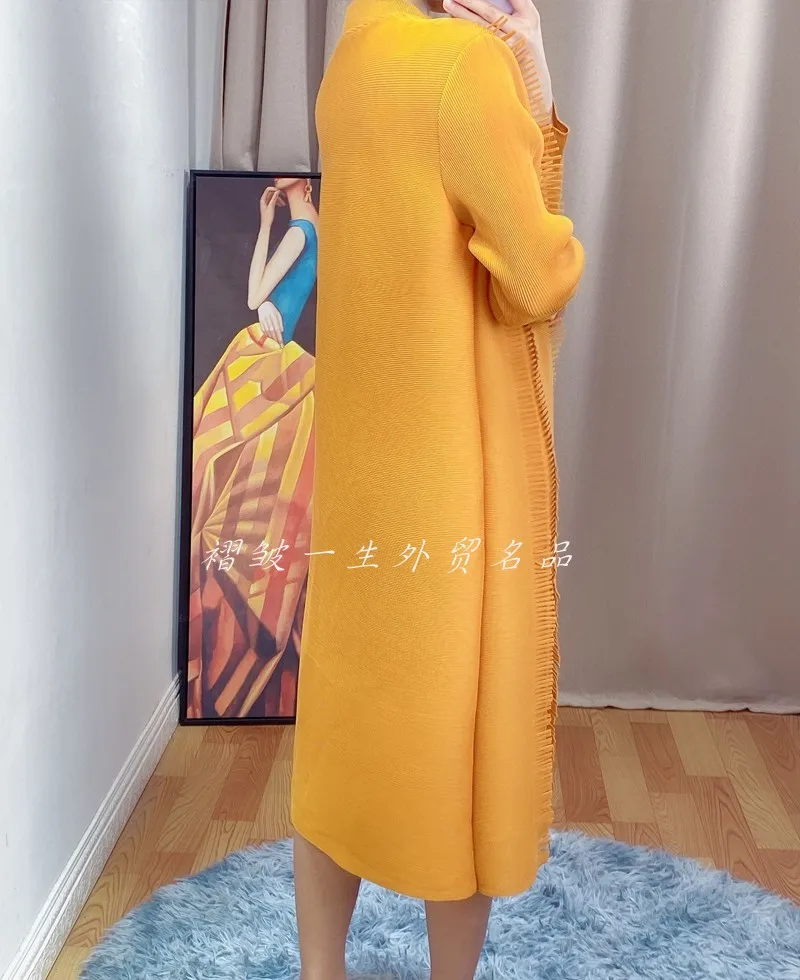 

HOT SELLING Startlingly tassel miyake women's top medium-long cardigan stand collar long sleeve pleated outerwear IN STOCK