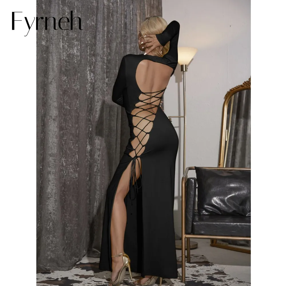

Fyrneh новые сексуальные двухслойные трикотажные юбки с открытой спиной для пляжных прогулок Вечерние наряды элегантное вечернее платье