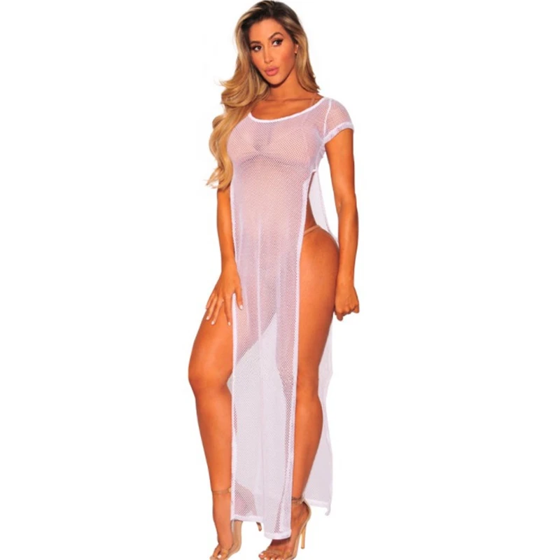 

Women Spring Summer Mesh Hollow Out Split Dress Ladies Casual Sexy Party Beach Lace Loose Transparent Black White Dresses 460