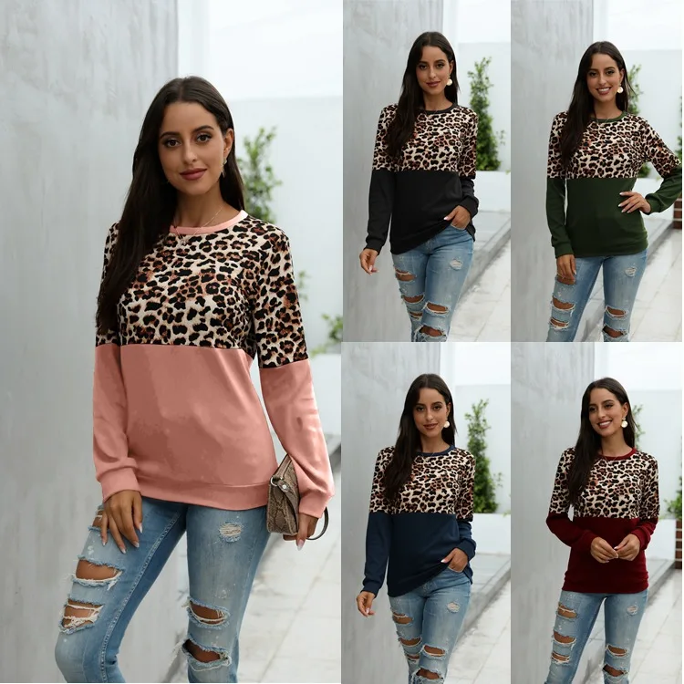 New Women's T-Shirt Leopard Pattern Splicing Round Neck Casual Loose Long Sleeve Women's Top In Autumn And Winter 2020