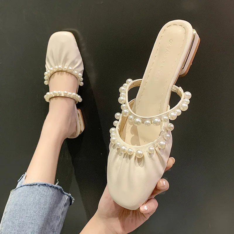 Женские туфли Baotou на толстом каблуке удобные с белым жемчугом со складками