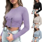 Женская футболка, милые укороченные топы, однотонные облегающие Женские топы с длинным рукавом и кулиской, рубашки, футболки с рюшами, облегающий Топ, уличная одежда