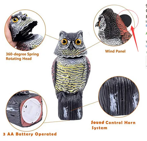 

New Hot Sale Realistic Bird Scarer Rotating Head Sound Owl Prowler Decoy Protection Repellent Pest Control Scarecrow Garden Yard
