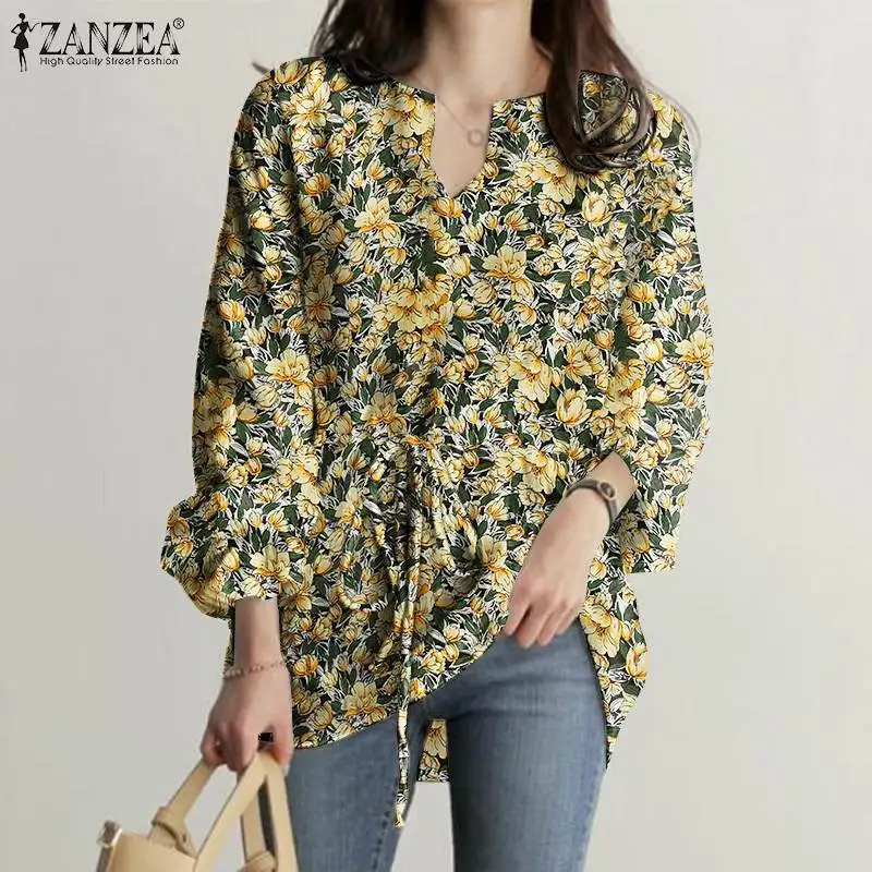 

ZANZEA Elegant Long Sleeve Floral Printed Blouse Women Autumn Drawstring Waist Top Bohemian Flower Shirt Holiday Blusas Chemise