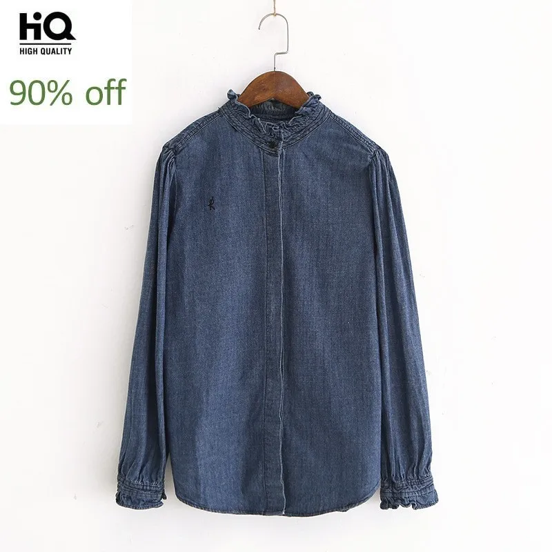 Джинсовая рубашка женская с длинным рукавом однотонная блузка из денима на