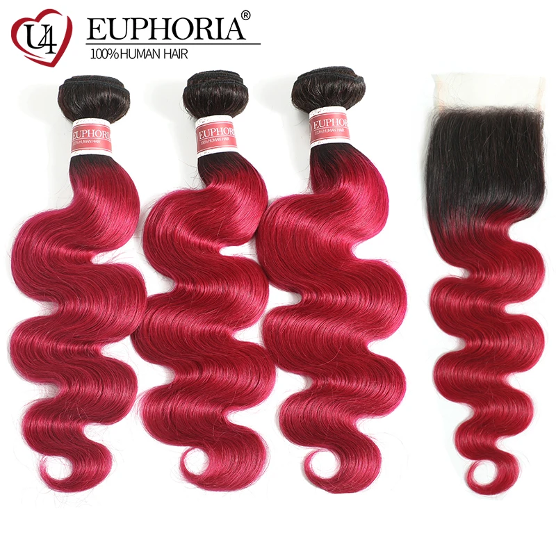 

Ombre Burgundy Body Wave Bundles With Closure Brazilian Human Hair 1B 99J Red Color Remy Hair Weaving With Closure 4X4 Euphoria