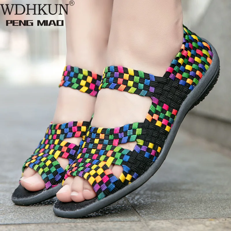 

Сандалии женские плетеные, плоская подошва, дышащие, без застежки, Повседневная разноцветная летняя обувь, ручная работа, 2020