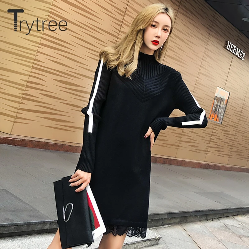 Осенне зимнее повседневное женское платье Trytree 2020 вязаное однотонное модное
