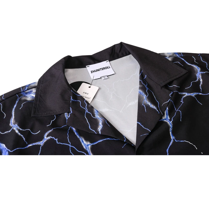 Summer Lightning Print Hawaiian Beach Shirts Hip Hop Short Sleeve Button Streetwear Men Casual Holiday Party Blouse Shirt Tops