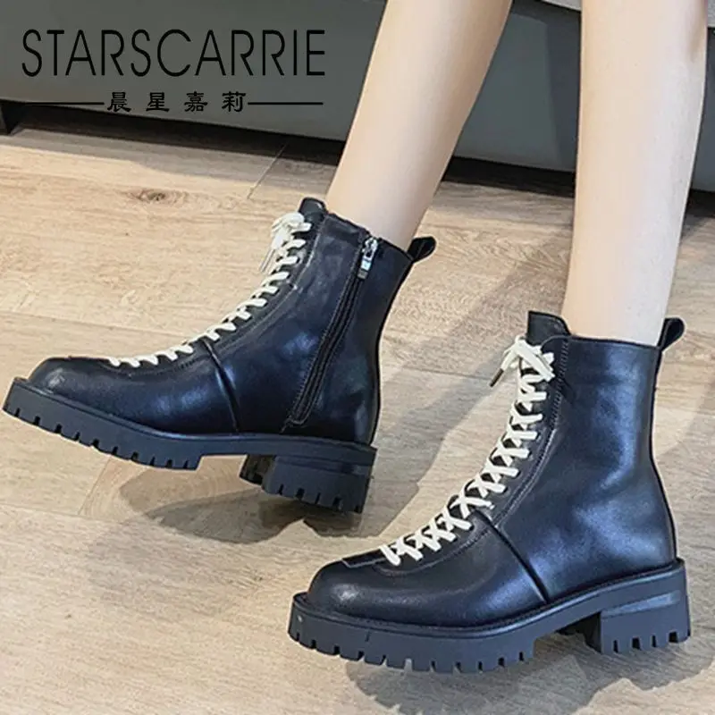 

Riding boots women's lace-up new 2021 autumn and winter retro British style women's thick-soled thick-heeled short boots trend