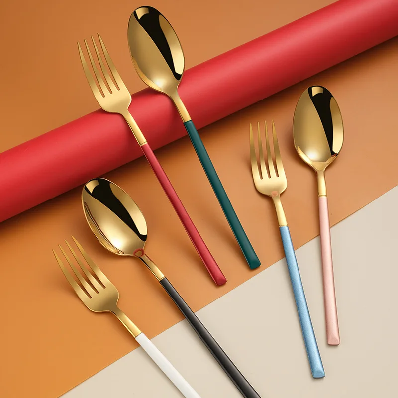 

304 Stainless Steel Western Tableware Square Handled Coffee Ice Scoop Golden Dinner Spoon Steak Fork Teaspoons Kitchen Utensils