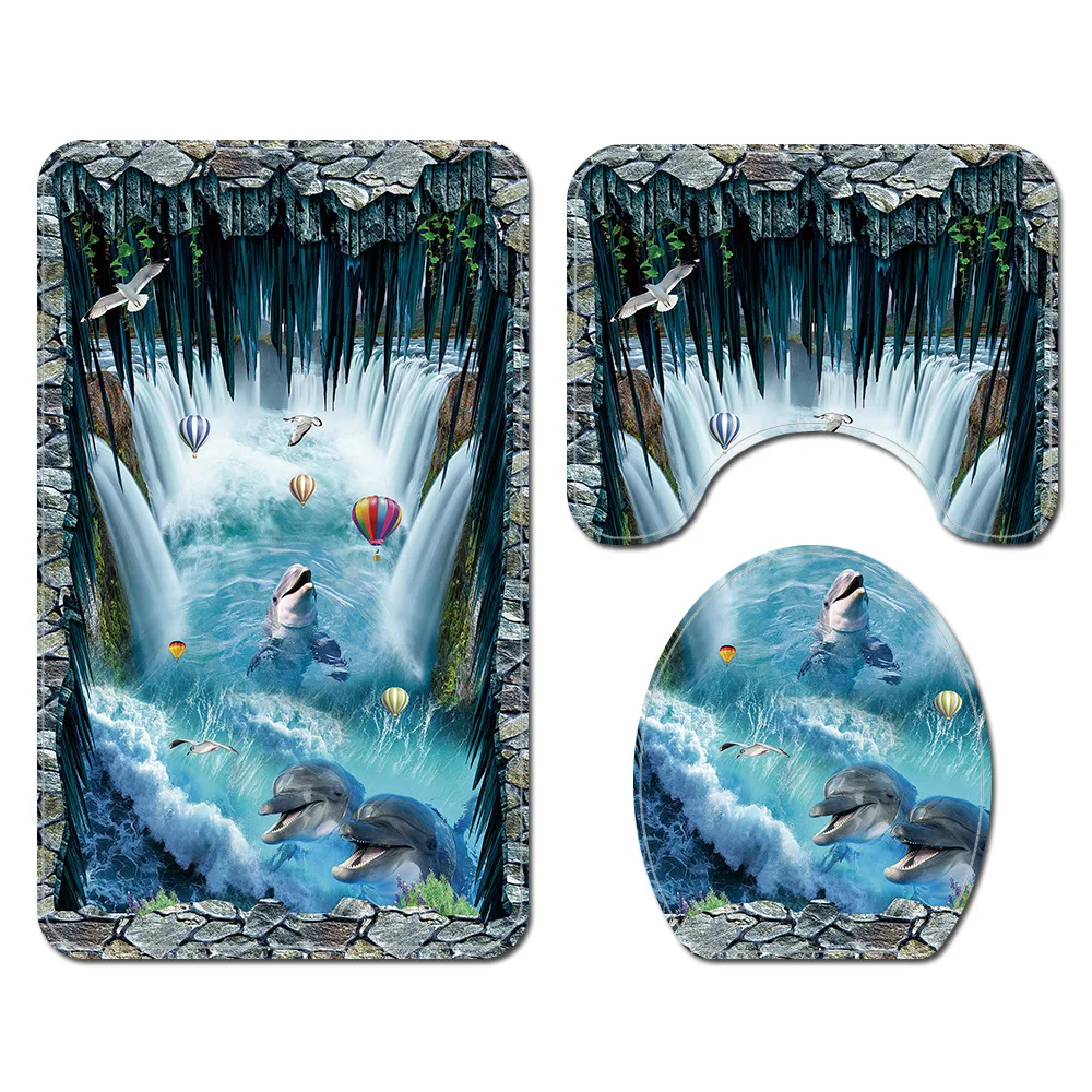 Ванная комната Ковер Душ занавес 3D Дельфин Bath Mat Set Waterproof ванной комнаты фланель