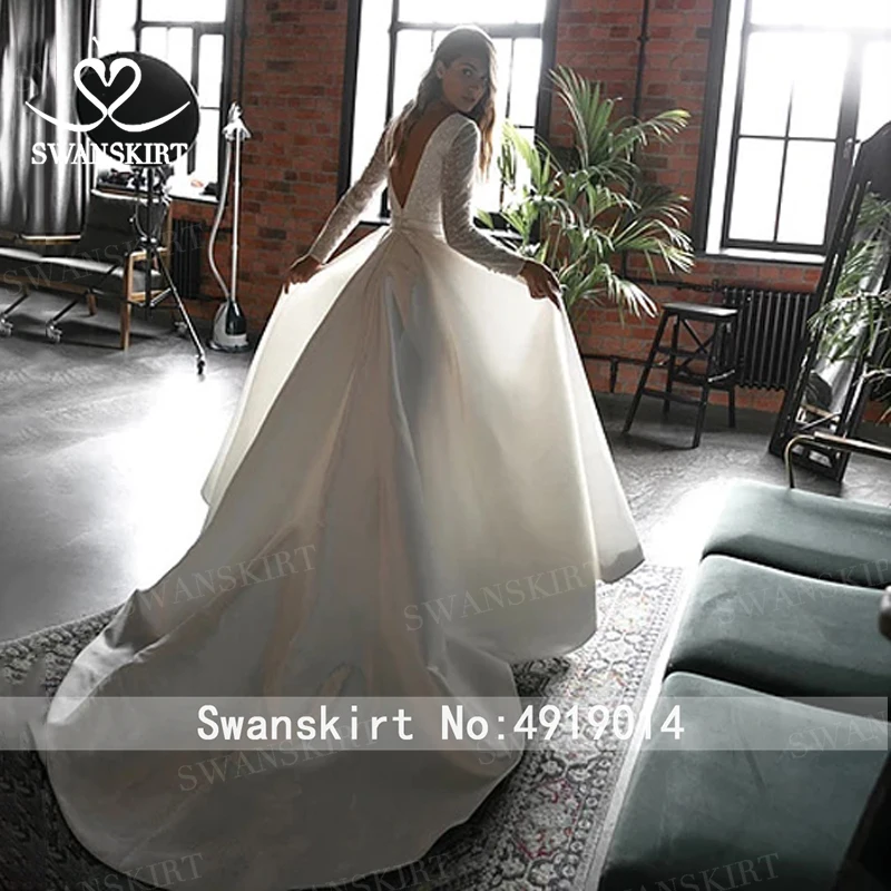 Stunning Satin Wedding Dress SwanSarah HZ32 Simple V-neck Long Sleeve A-Line Princess Bride Gown Customized Vestido De Novia | Свадьбы и