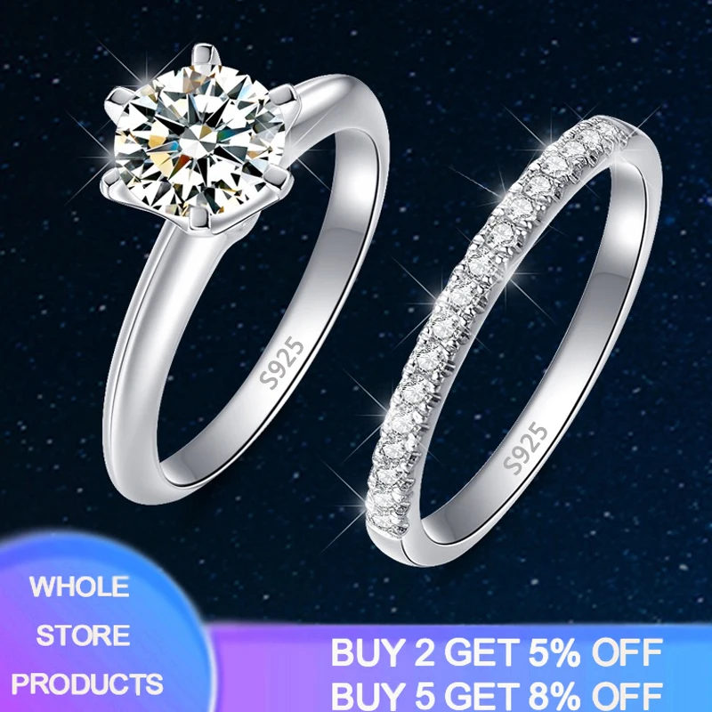 

1.5 Ct Diamond Weeding Bands Set Solid 925 Silver Finger Stackable Pair Rings For Women Jewelry Stacking No Fade Allergy Free