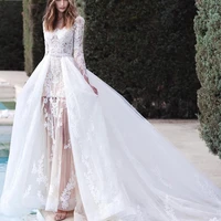 luxury mermaid wedding dresses long sleeve tulle detachable train 2 in 1 lace applique wedding gowns spoon collar back button