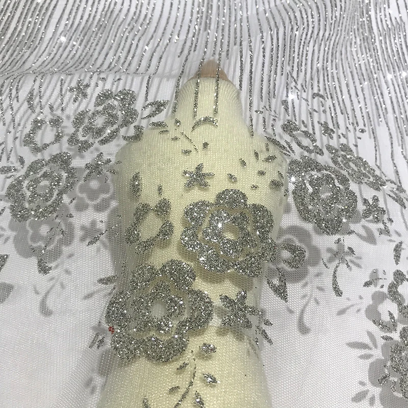 

Nigerian High Quality Swiss French Tulle Platinum Glitter Lace Fabric Shiny Striped Mesh Sewing Material for Party Night Dresses