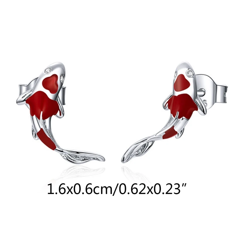 

Women Girls Lucky Koi Red Enamel Stud Earrings Fish Ear Studs Valentine's Day Jewellery Gift
