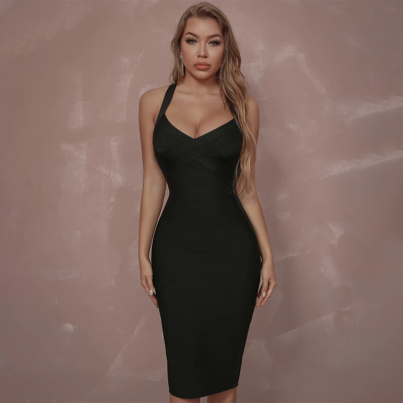 

Женское черное облегающее Бандажное платье Sesidy, лето 2022, сексуальные Базовые платья средней длины на тонких бретелях с открытой спиной, Клу...