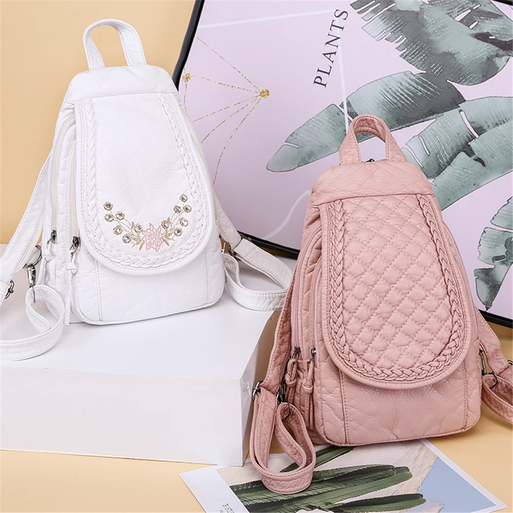New Ladies Soft Washed Leather Backpack 3-in-1 Cute Cat Women Bagpack Small Travel Backpack For Girls Sac a dos Mochila Feminina
