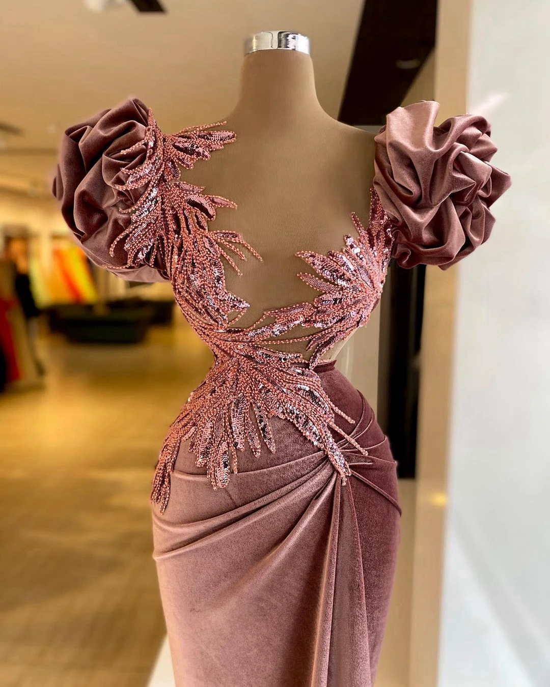 

Elegant Velvet Evening Dresses Puffy Flower Sleeves Ruffles Mermaid Sequins Long Women Plus Size Pageant Prom Gowns