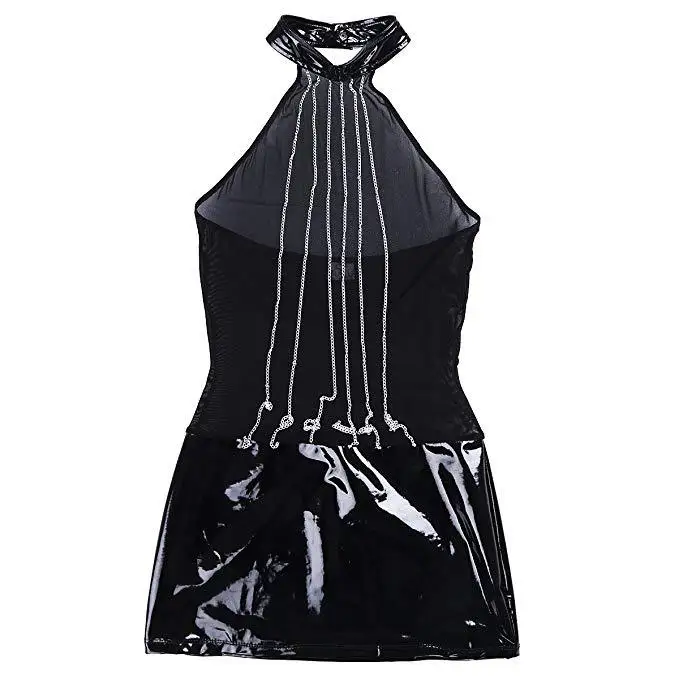 

Sexy Leather Dress Net Lingeries Chain Woman See Through Cloth Bodystocking Erotic Transparent Faux Latex Female Bodysuit Sexi