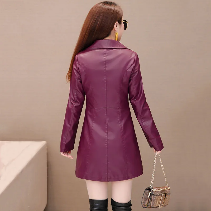 Кожаная куртка женская черная роза красная размера плюс длинное пальто из