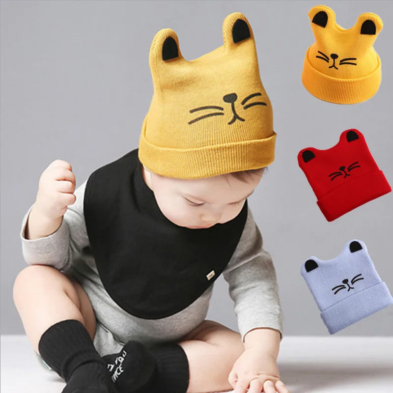 

Cute Baby Beanie 3D Cartoon Cat Hats for Boys Girls Knitted Cap Winter Warm Solid Color Newborn Knit Hat