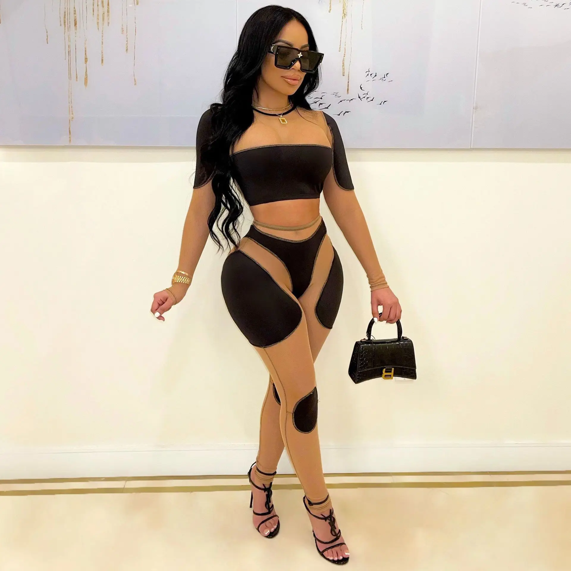

Sexy Women Two Piece Set Patchwork Crop Tops and Slim Pants Set Club Night Outfits