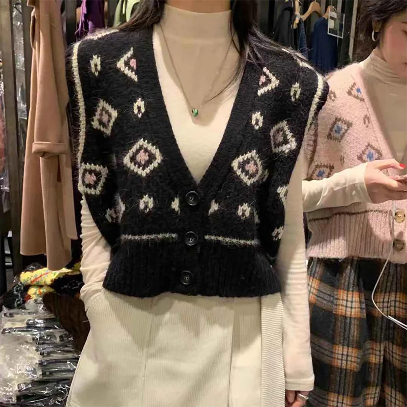 

Women Sweet Fashion Knitted Vest Sweater Vintage Sleeveless Female Waistcoat Chic Tops Chalecos Para Mujer Waistcoat