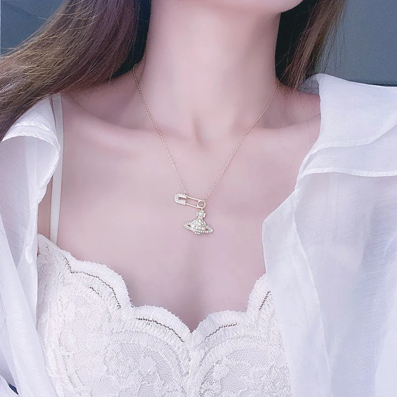 

14k Real Gold Creative Pin Paper Clip Galaxy Necklace for Women Sparking Micro Inlaid Zircon Stud Earrings Pendant Jewelry Gifts