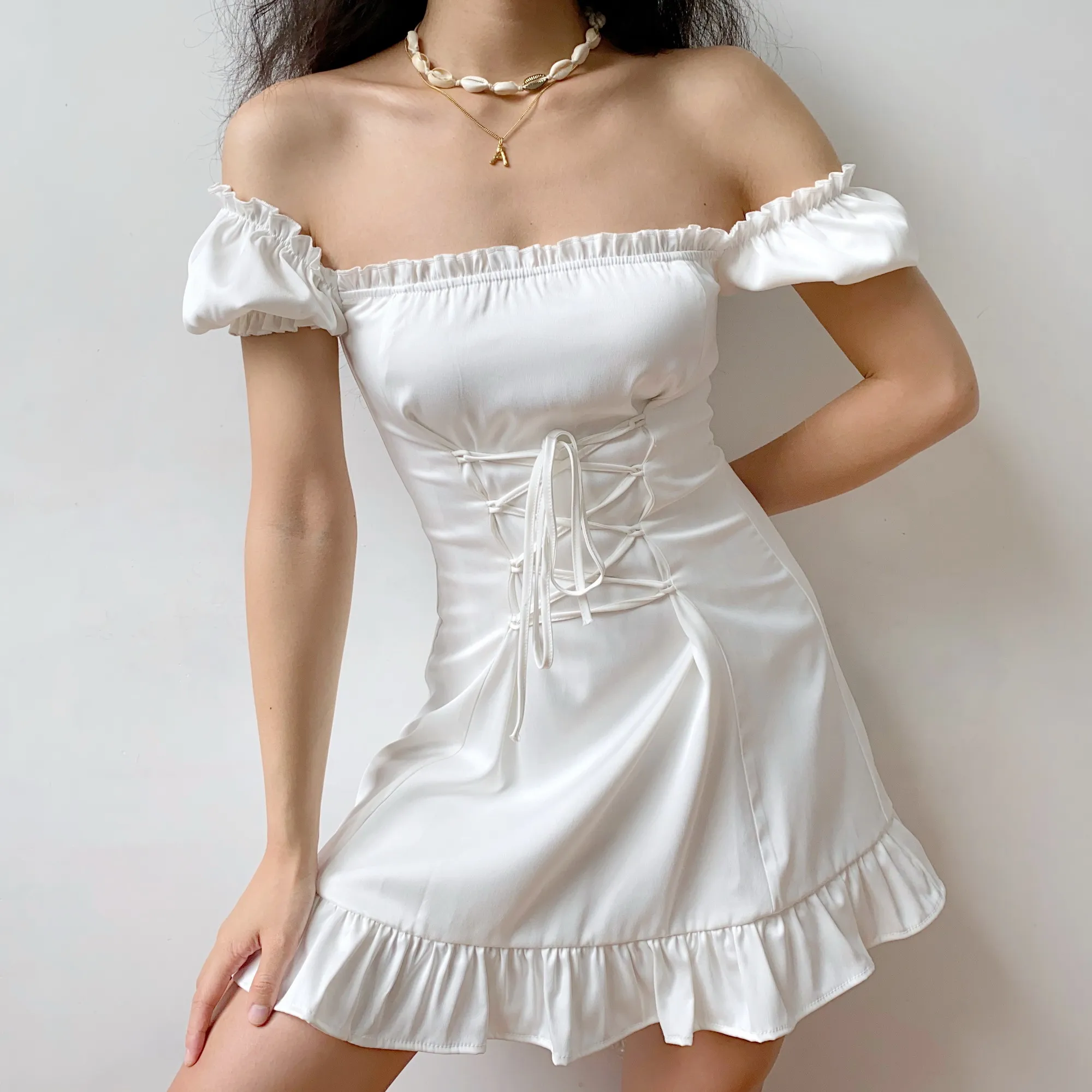 

Vintage Elegant White Summer Dresses Light Mini Sexy Dress Women Casual Puff Sleeve Square Collar Bow Bodycon Bandage Party Robe
