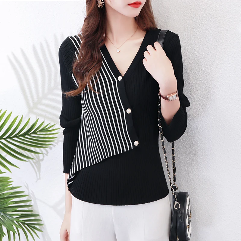 

TuangBiang 2021 Patchwork Beading Button Striped Pullover Asymmetric V-Neck Long Sleeve Knitted T-Shirt Elastic Feminine Jumper