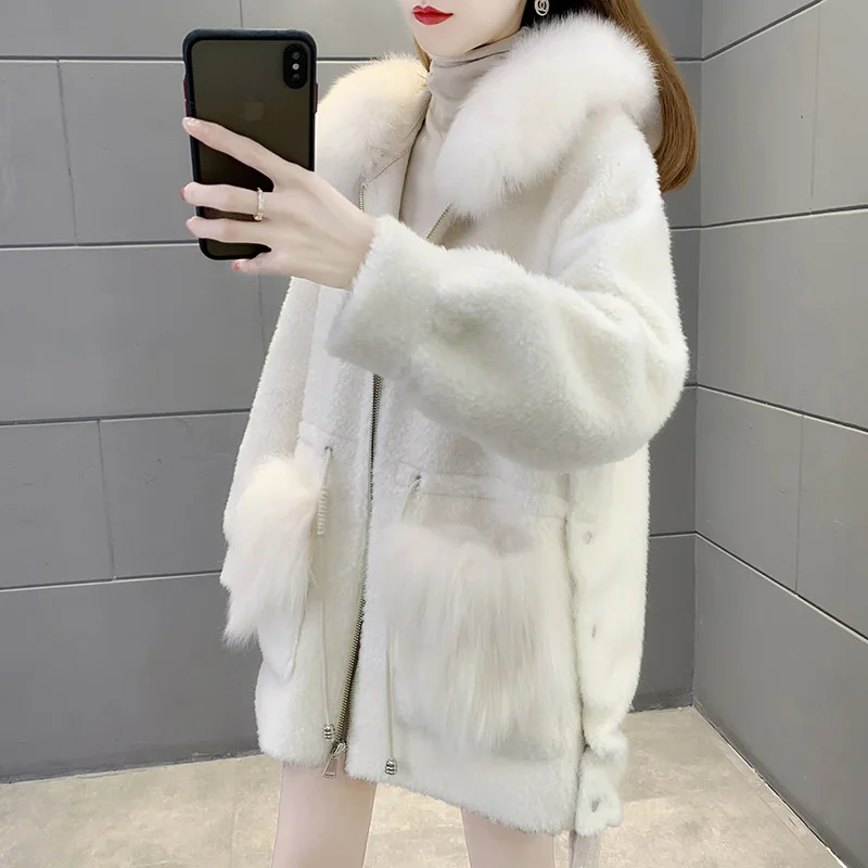 

Зимнее пальто из натурального меха, Женская длинная куртка с овчиной, пальто из натурального Лисьего меха, теплые толстые корейские модные ...