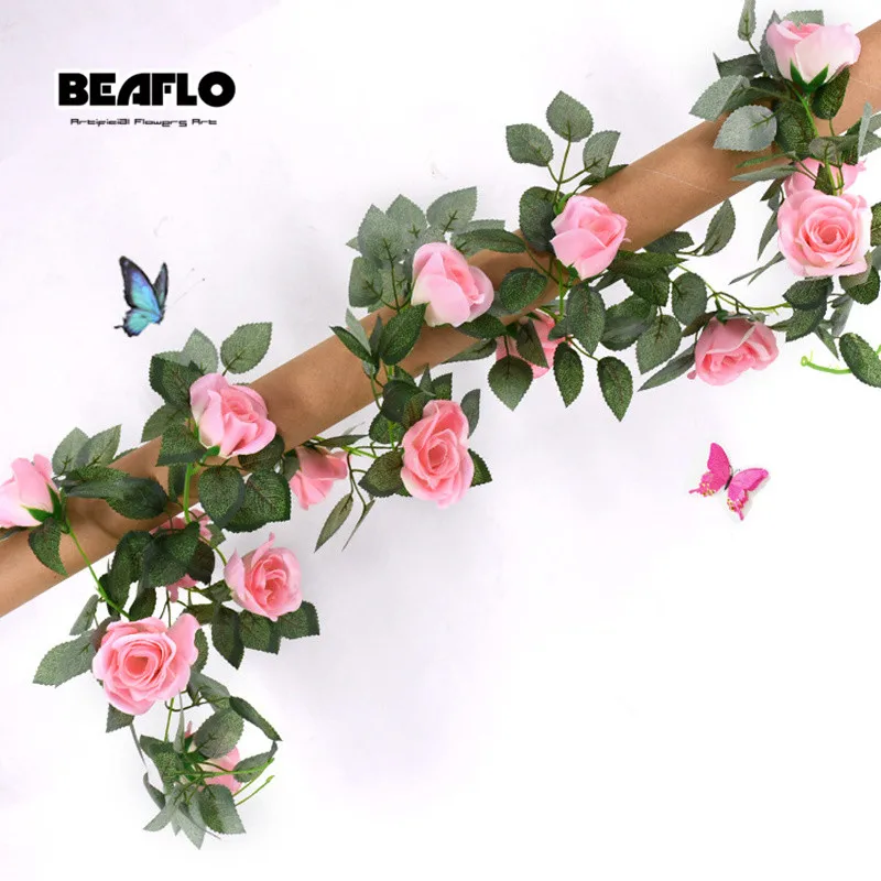 2 4 м шелка искусственные розы цветы ротанга строку лоза с зелеными листьями для