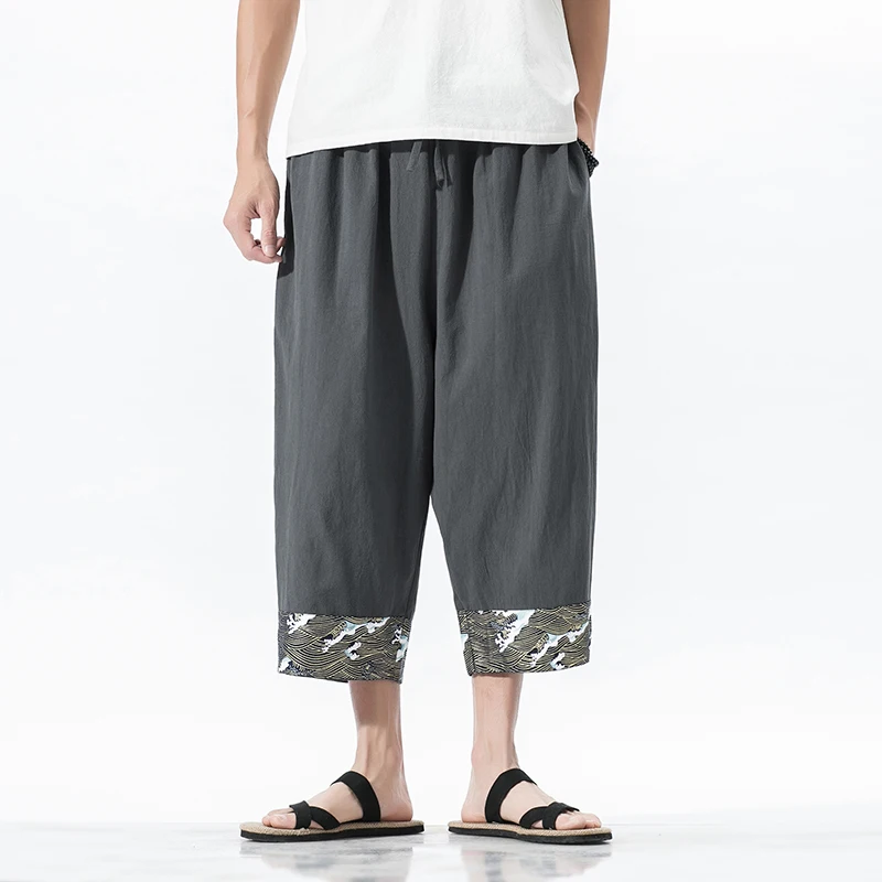 

2022 spring and summer new cotton and linen cropped pants men's loose large size wide leg straight pants