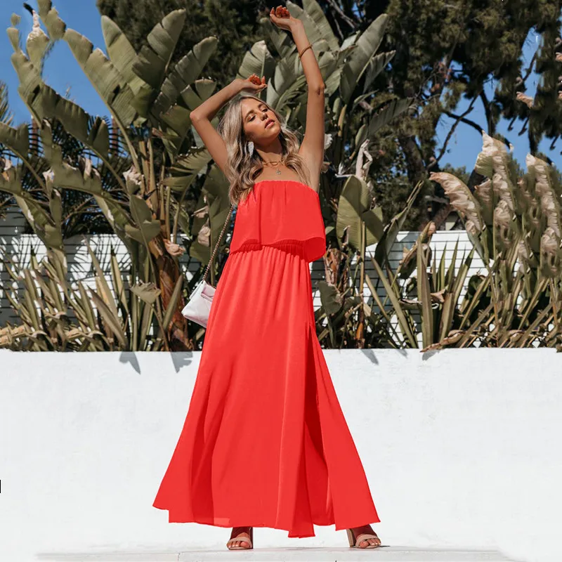 

Summer Sexy Women's Printed Tube Top Split Dress 2021 Beach Holiday Loose Maxi Dresses Bohemian Open Back Sun Dress Vestidos