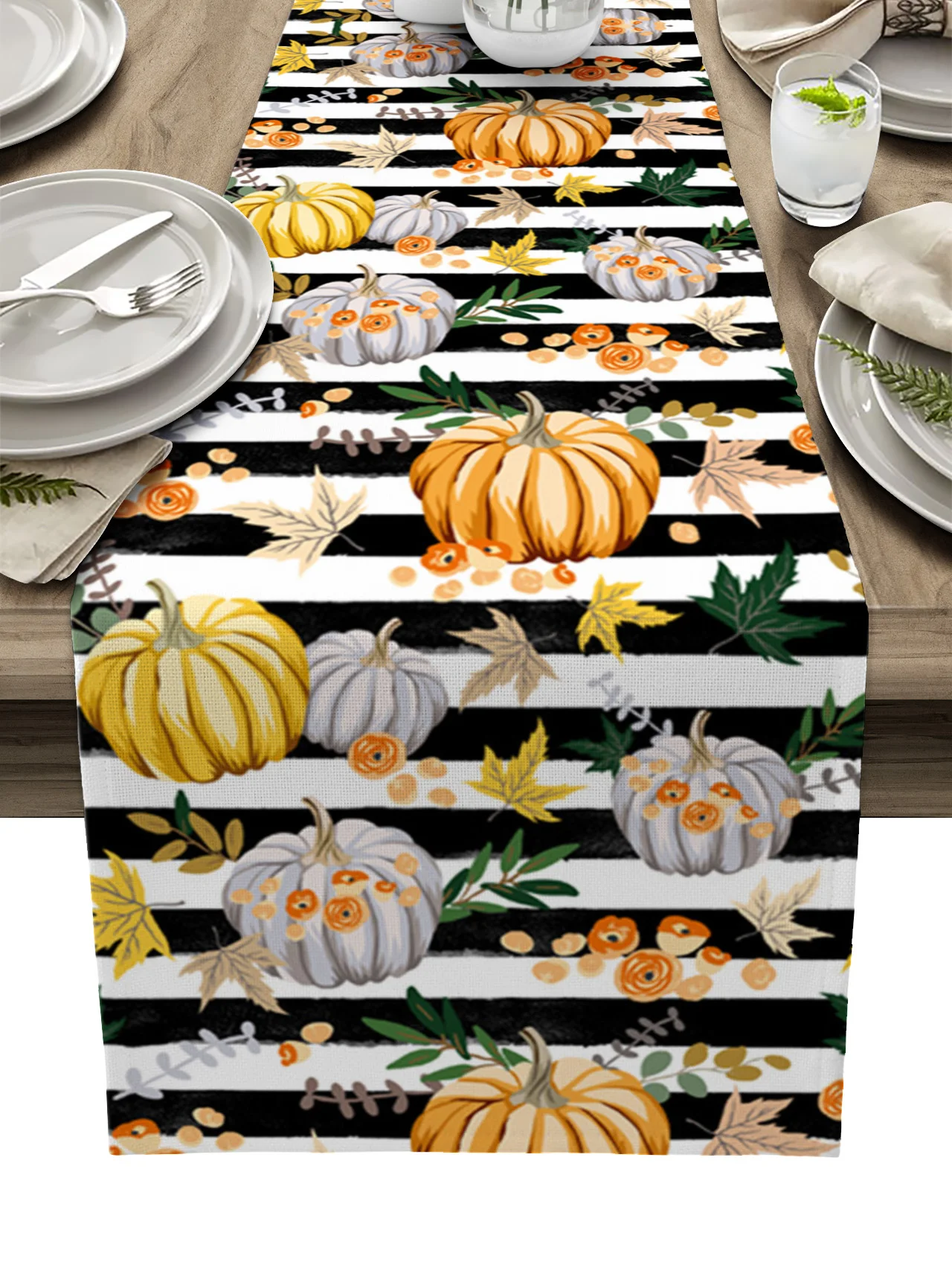 

Thanksgiving Pumpkin Maple Leaf Stripes Table Runner Home Dining Table Decor Placemat Hotel Wedding Table Decor Tablecloth