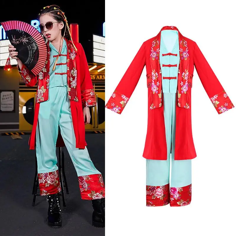 

Детские джазовые костюмы для представлений, модель в китайском стиле для девочек, одежда для подиума, детская одежда в стиле хип-хоп, красна...