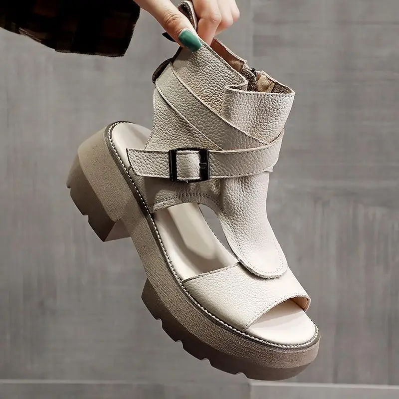 

Красивые туфли в римском стиле, кожаные летние новые женские сандалии на толстом каблуке с высоким верхом