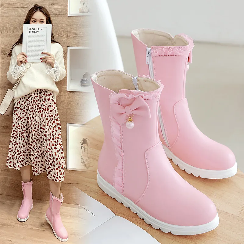 

YQBTDL Ruffles Pearl Butterfly-knot Sweet Ankle Boots for Women Side Zipper Pink White Black Autumn 2021 Wedges Shoes Ladies New