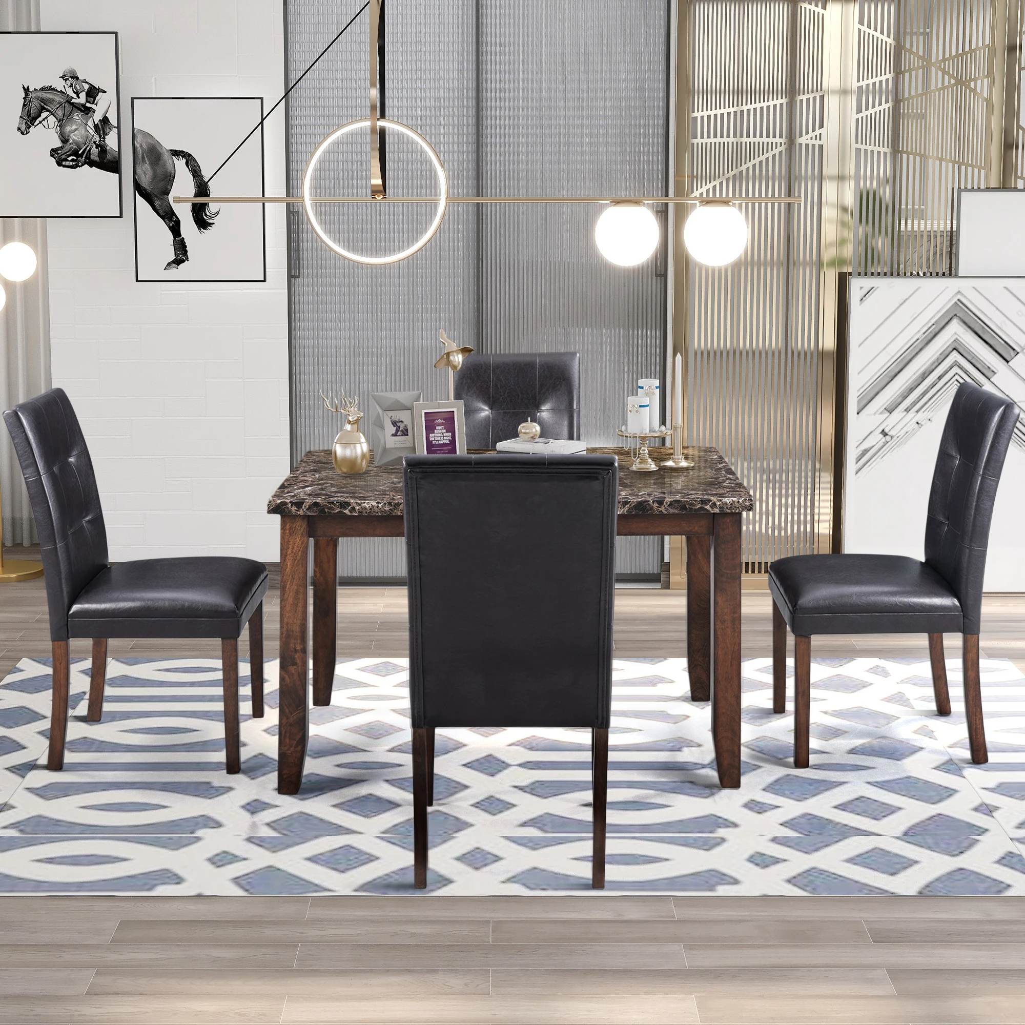 

Faux Marble 5-Piece Dining Set Table with 4 Thicken Cushion Dining Chairs Home Furniture, Brown/Black