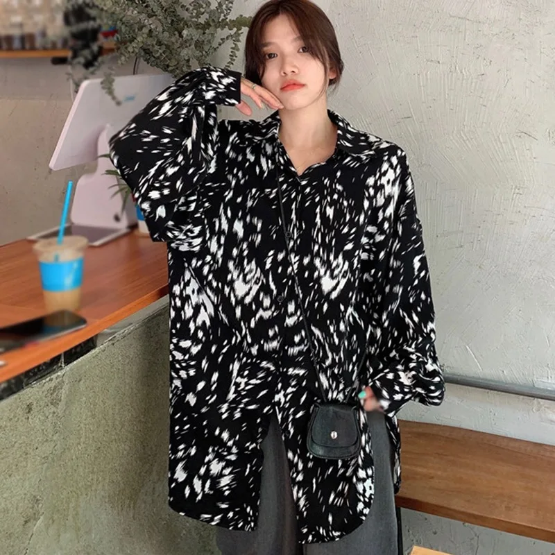 

Fashionable Chic Spotted Printing Lapel Blouse Loose Autumn Temperament Long-sleeved Women Shirts Casual Harajuku Button Tops/